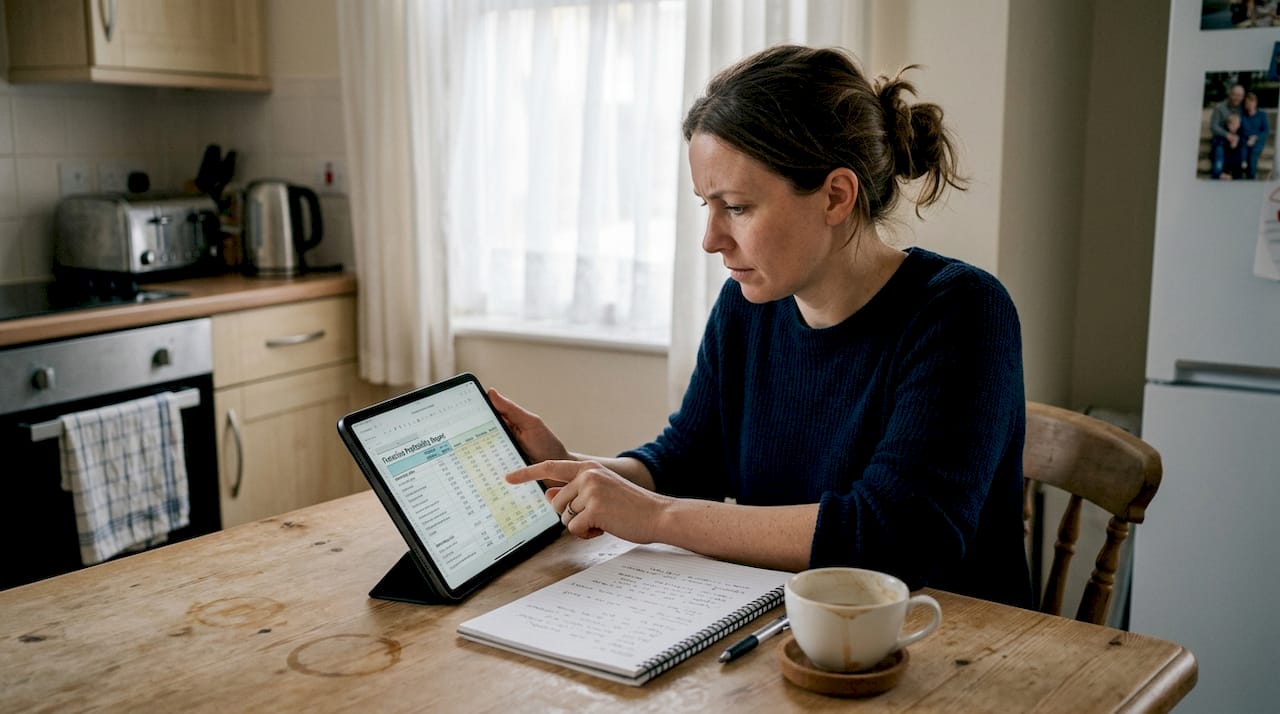 Woman researching franchise profitability at home