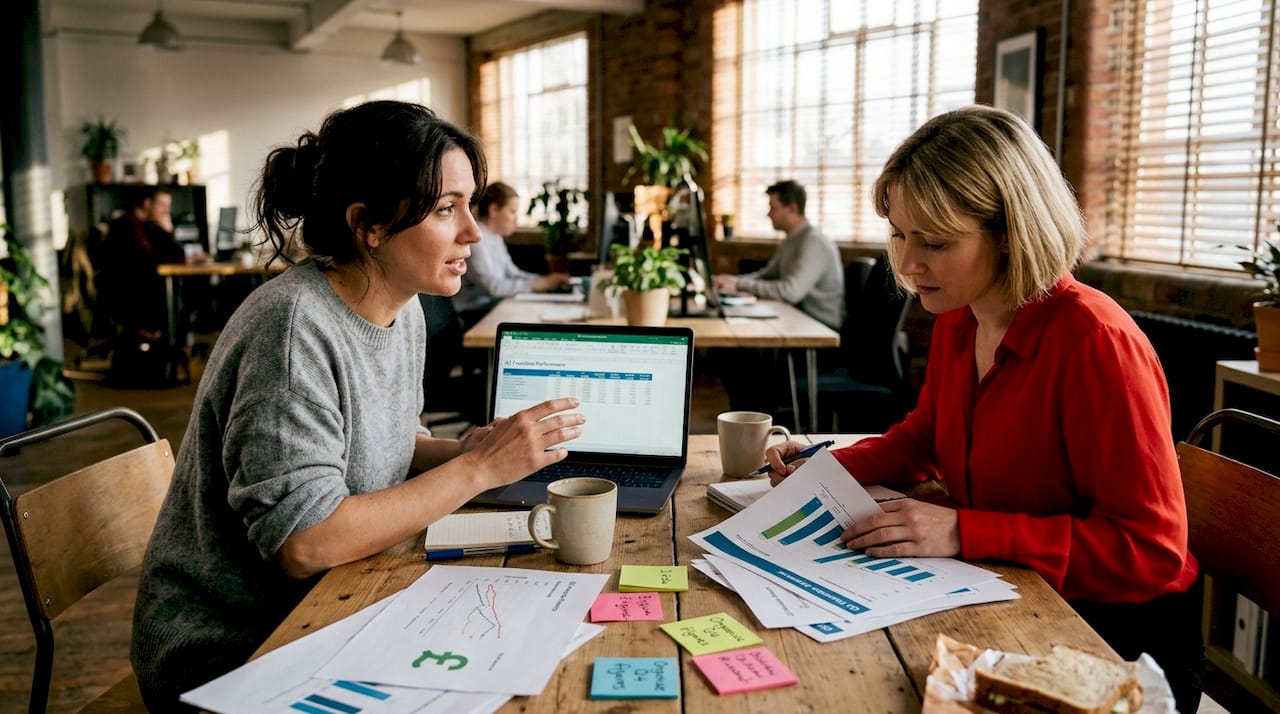 Businesswomen discuss franchise charts