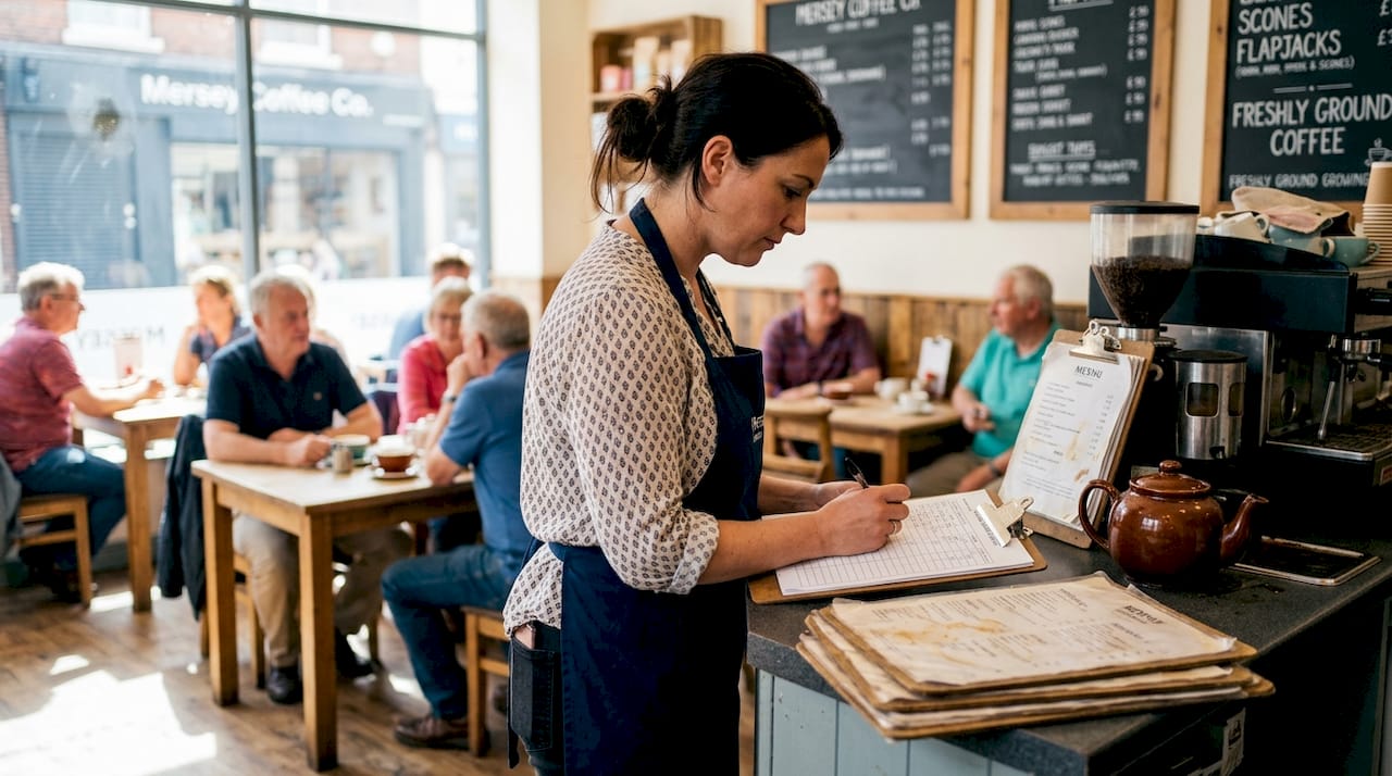 Franchise café owner tallying sales figures