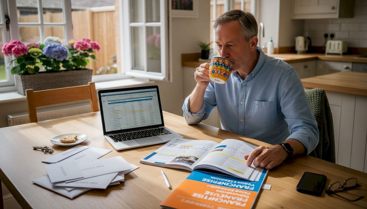 Top service franchise models: UK investment insights Investor compares franchise options at home table