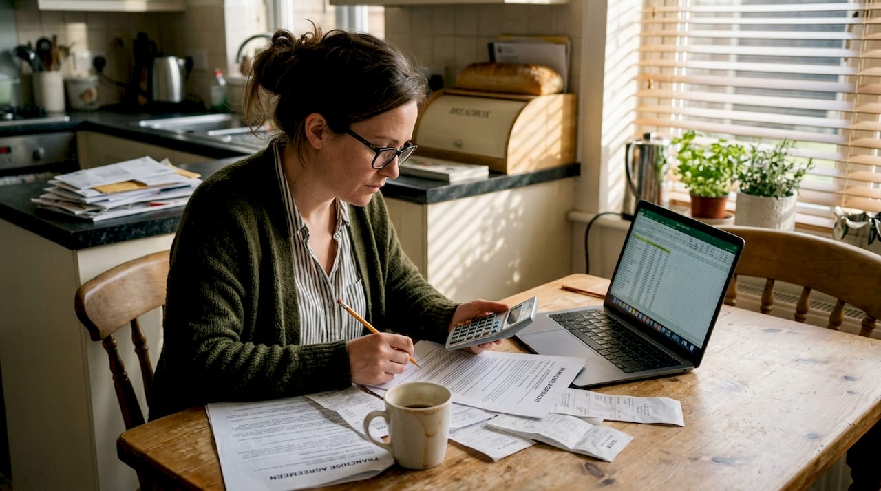 Mobile franchise model: flexible UK profits from £4k Woman reviewing finances at home kitchen table
