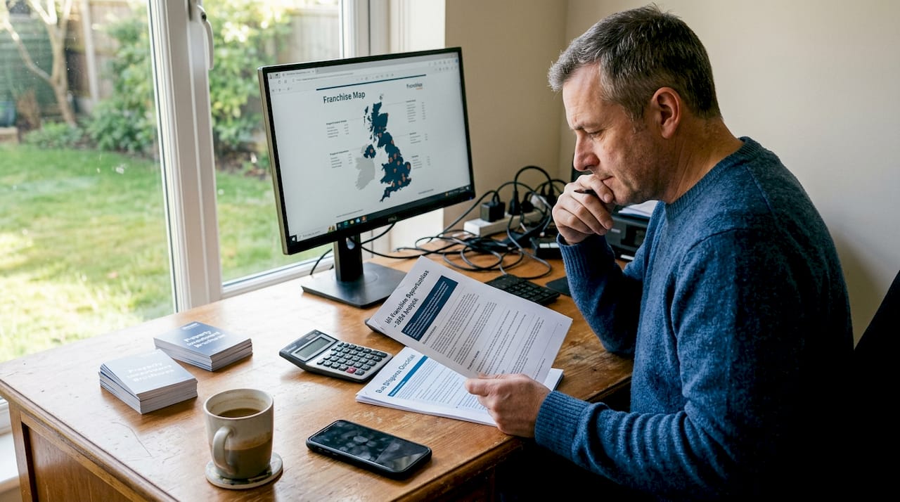 Investor reading franchise reports at home desk