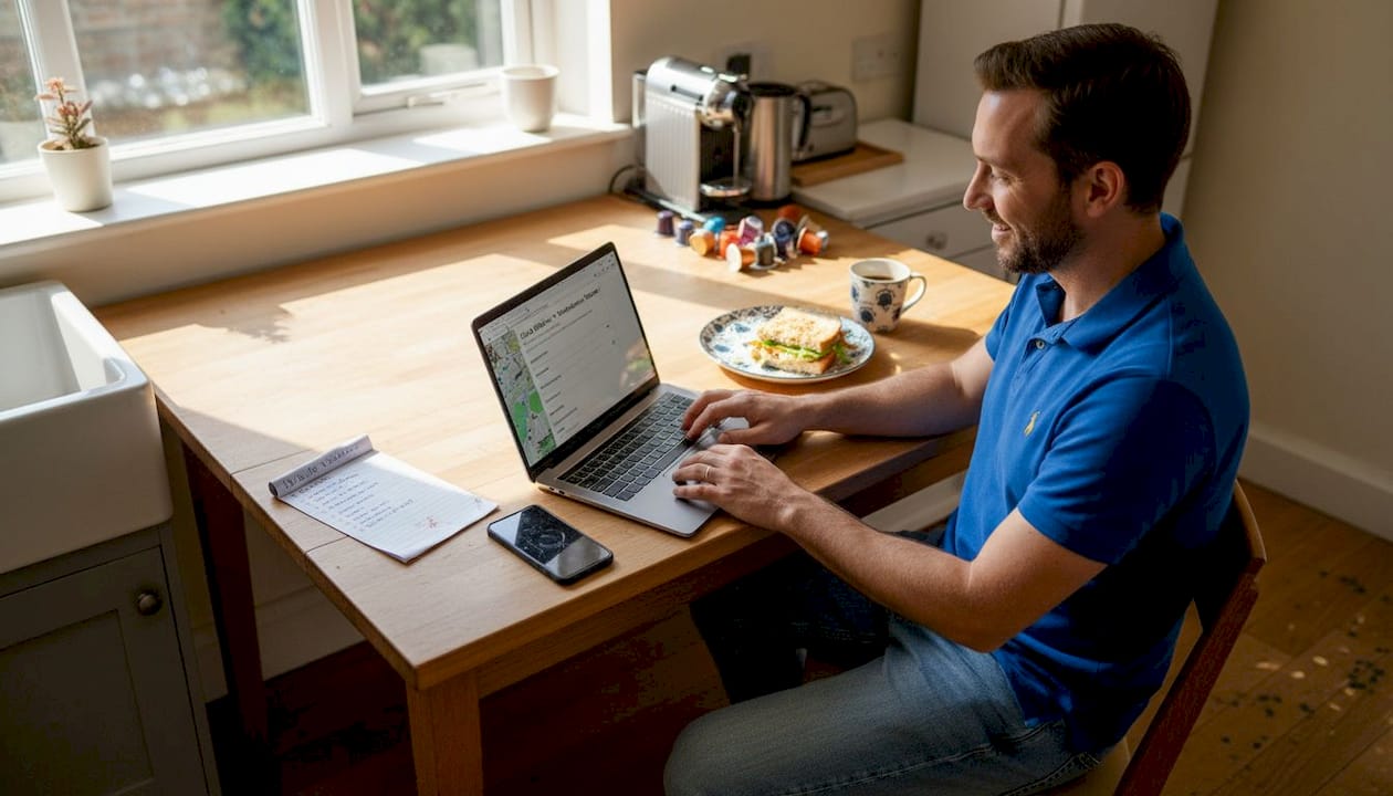 Man updating franchise location page at home