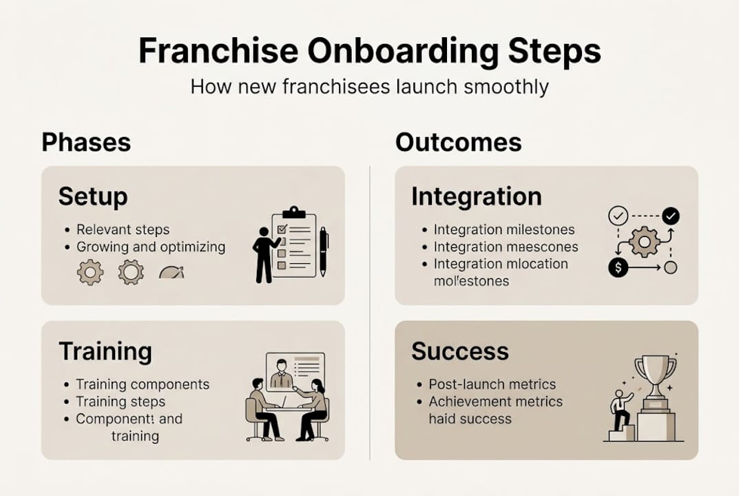 Franchise onboarding explained: your guide to a smooth start Infographic showing franchise onboarding steps and outcomes