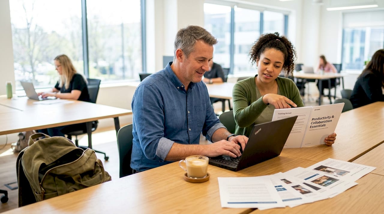 Franchise onboarding explained: your guide to a smooth start Colleagues discuss franchise training at shared desk