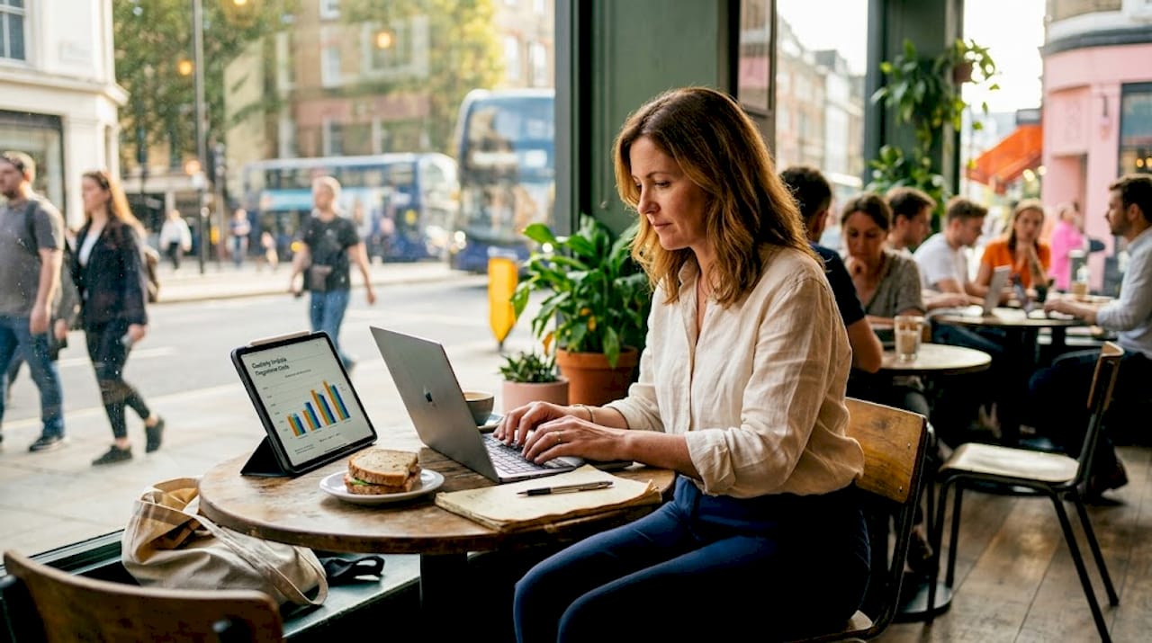 Businesswoman analyzing franchise trends on laptop