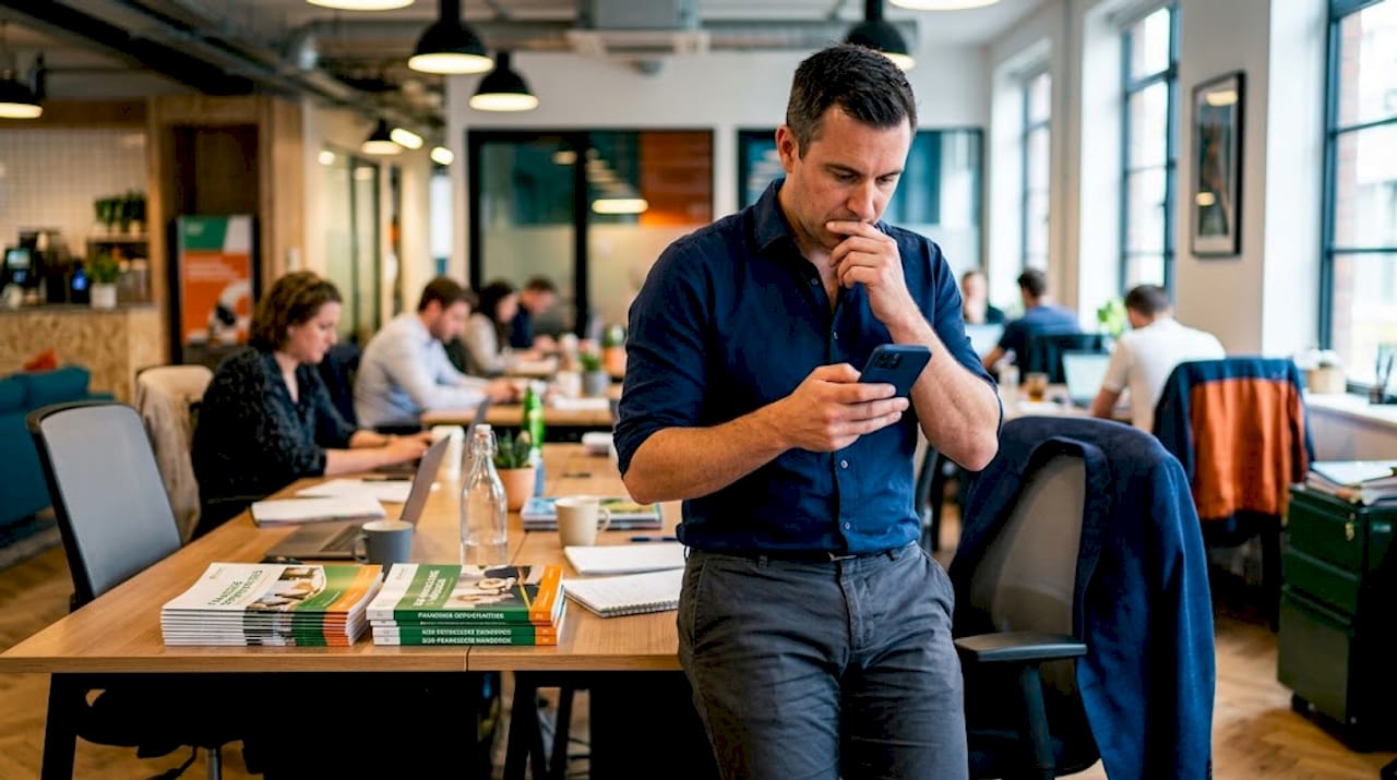 Franchisor uses phone amid office paperwork