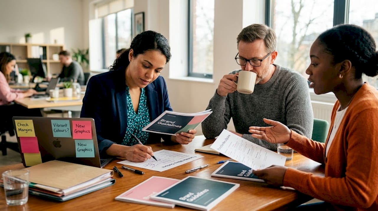 Franchise team discussing branding strategy at table