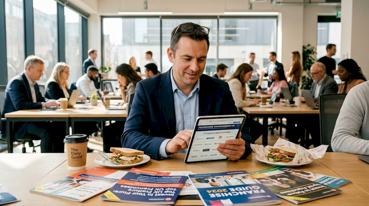 Step-by-step guide to buying a franchise in the UK Man researching franchise options in coworking space
