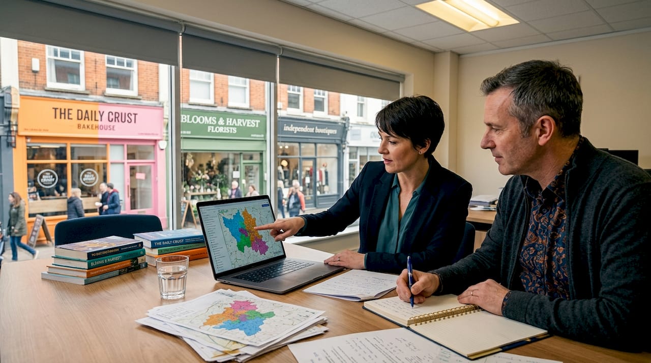Businesspeople discussing franchise territory mapping