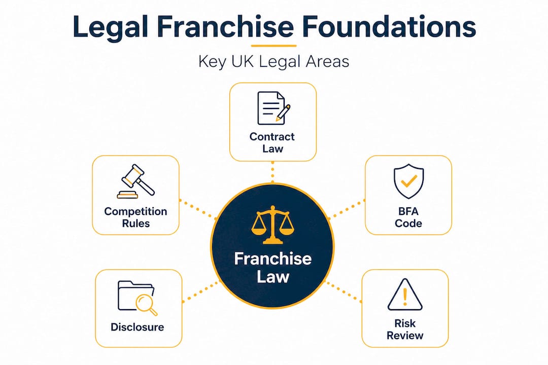 Why legal advice is vital before buying a UK franchise Infographic showing UK franchise legal essentials hierarchy