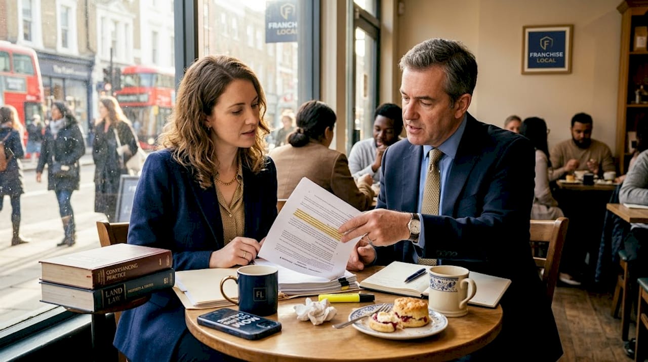 Why legal advice is vital before buying a UK franchise Franchisee and solicitor discuss paperwork in café