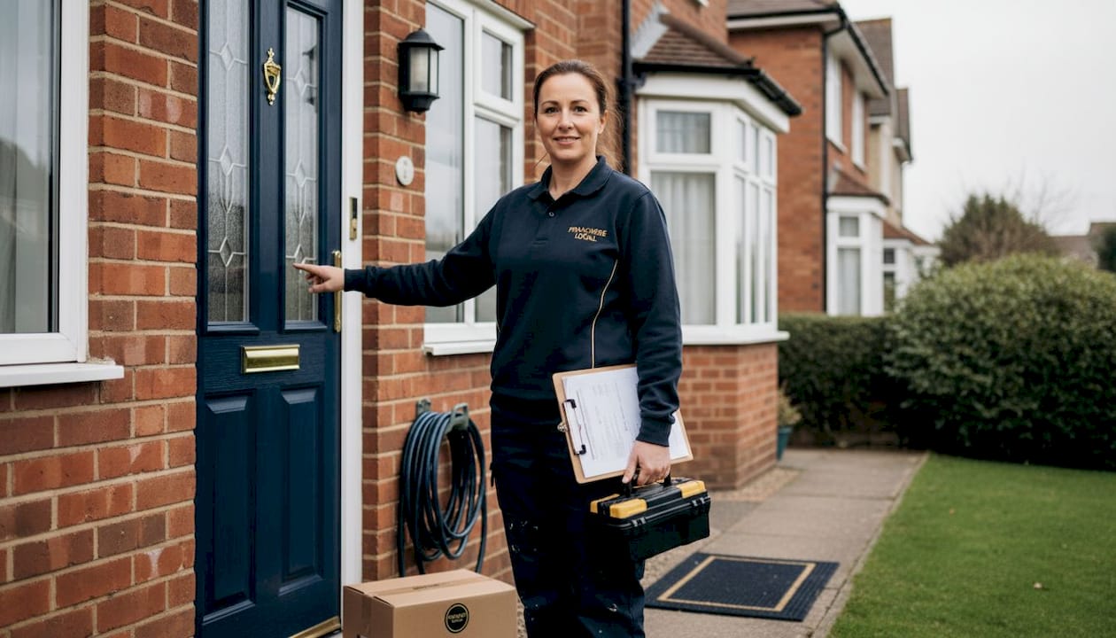 Technician arriving at customer’s semi-detached house