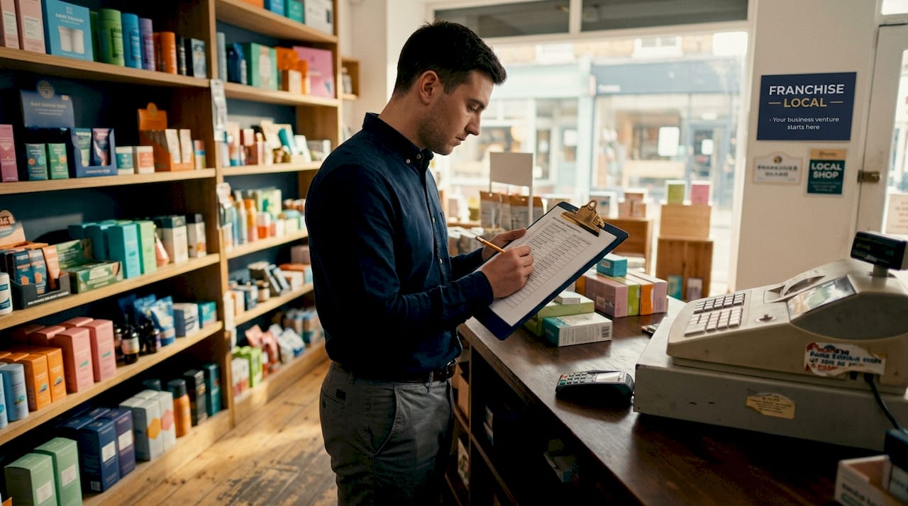 Franchise owner reviewing shop inventory checklist