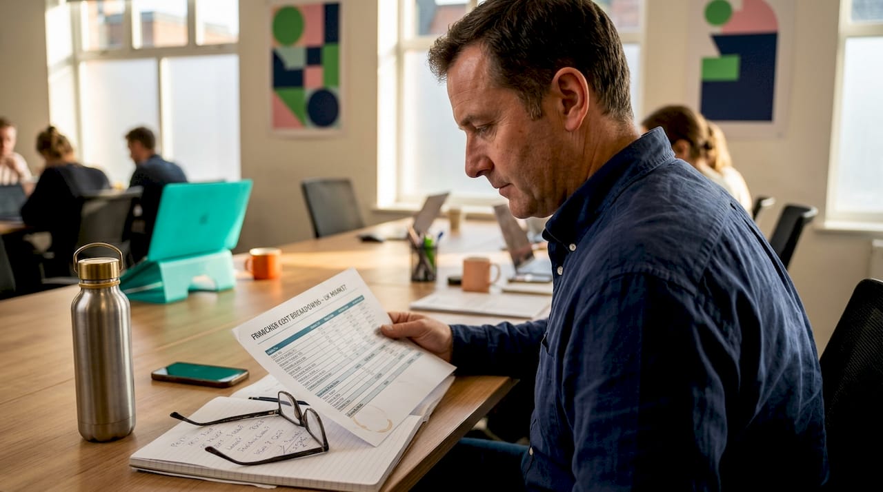Man checking franchise cost sheet in coworking space