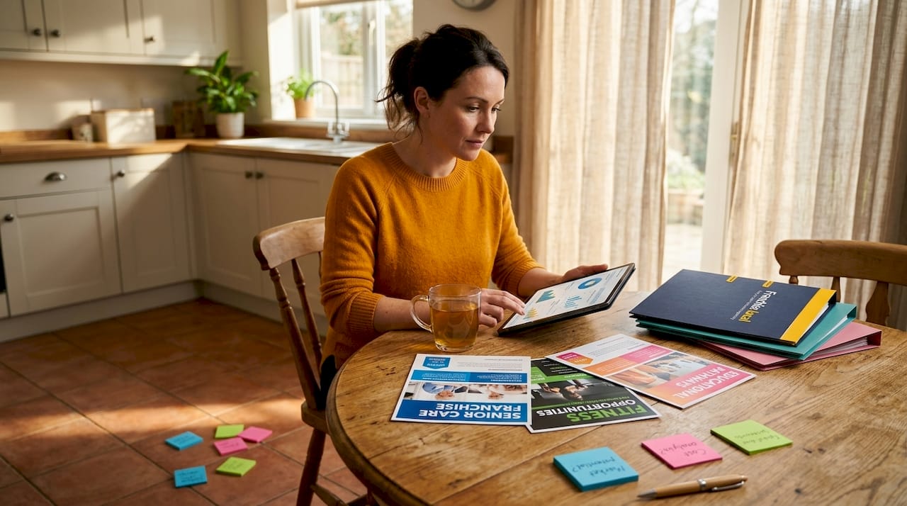 Top UK franchise sector growth areas for smart investment Woman comparing franchise sector flyers