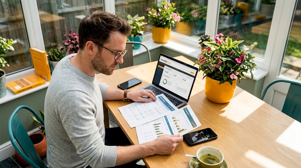Man comparing single vs multi-unit reports at home