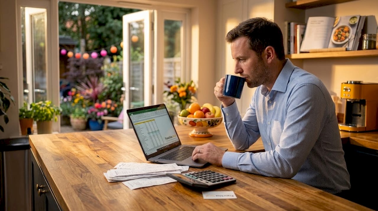 Man reviewing franchise finances in kitchen workspace