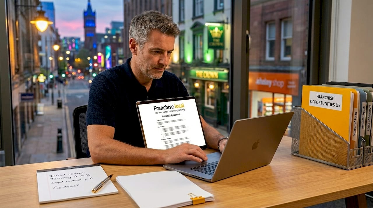 What is an exclusive territory in franchising? Man reviewing franchise agreement at office desk