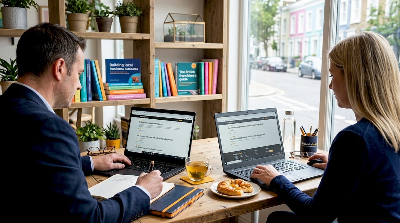 Franchise managers reviewing online reputation feedback