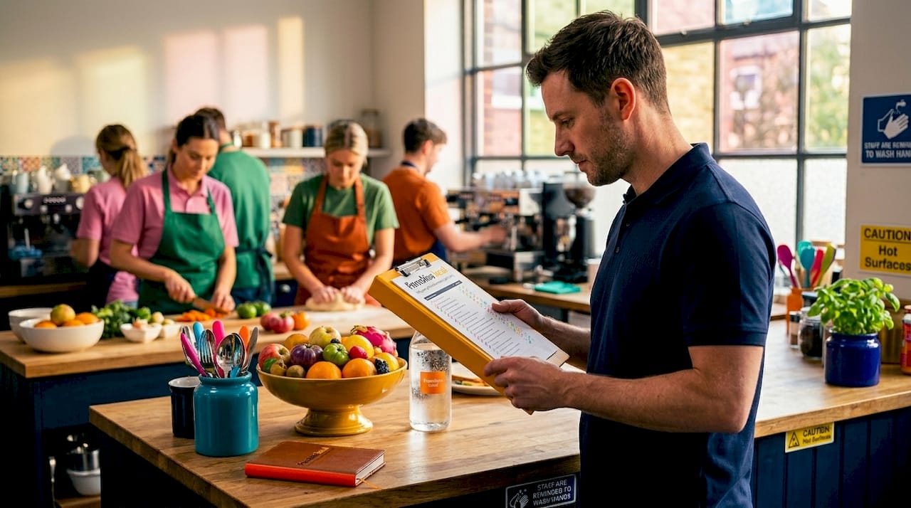 Supervisor auditing checklist in franchise kitchen