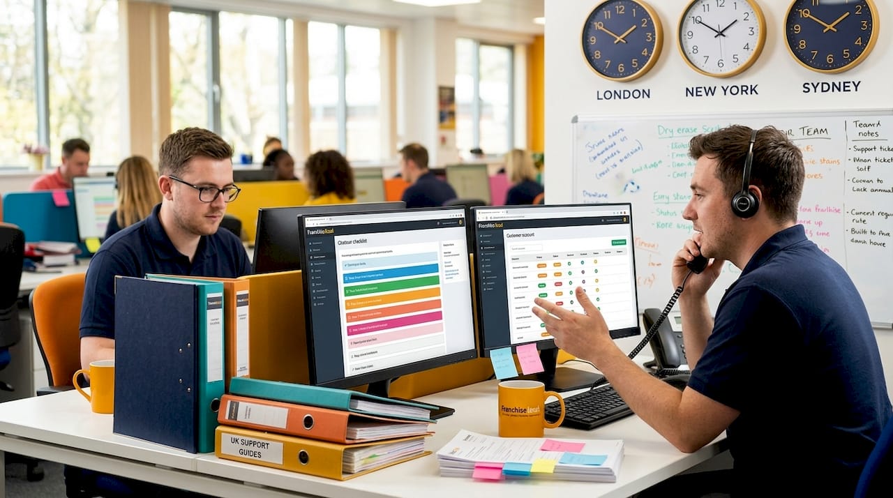 Support team members assisting franchisees at desks