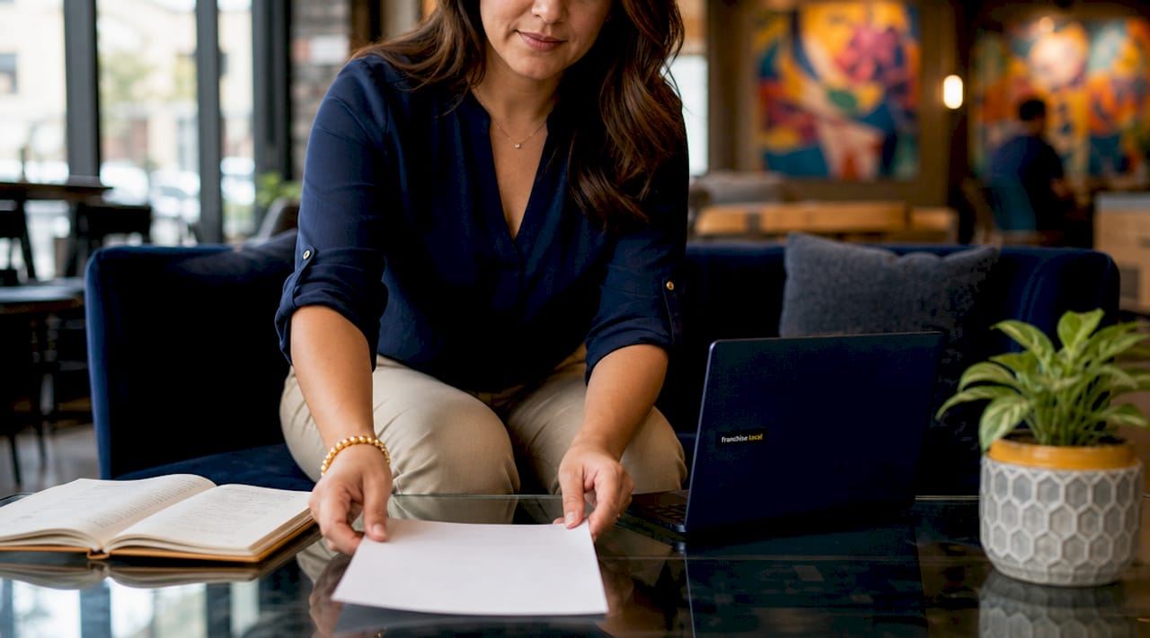 Close-up of hands handling franchise documents