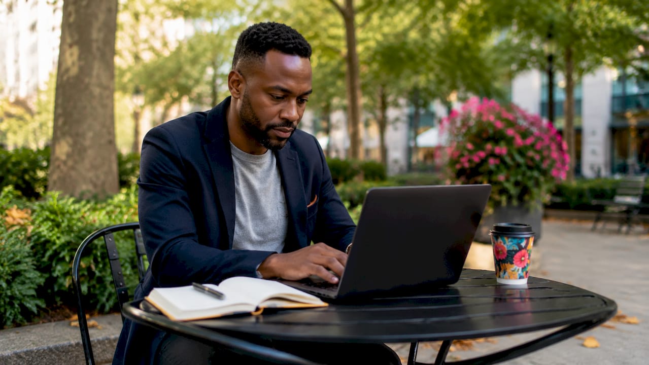 Man using franchise portal database in cafe