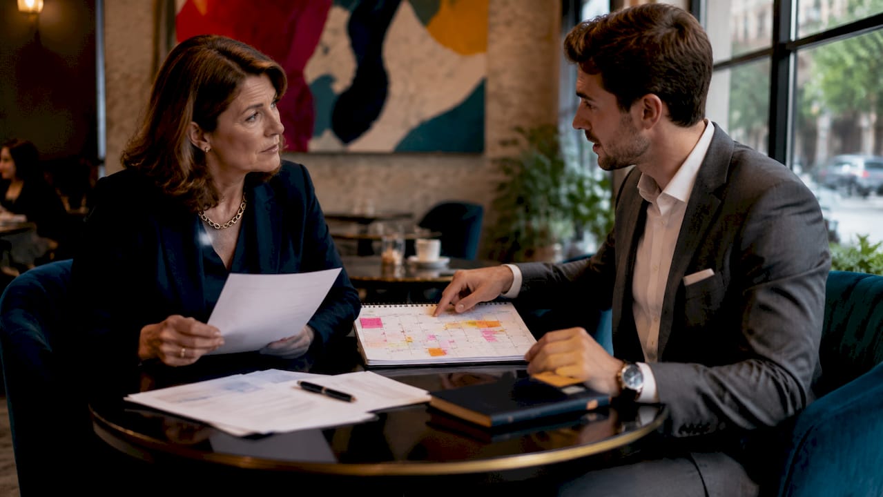 Two people discussing franchise notice periods