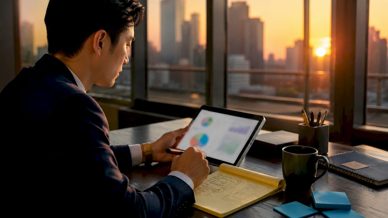 Accountant reviewing franchise finance documents at desk