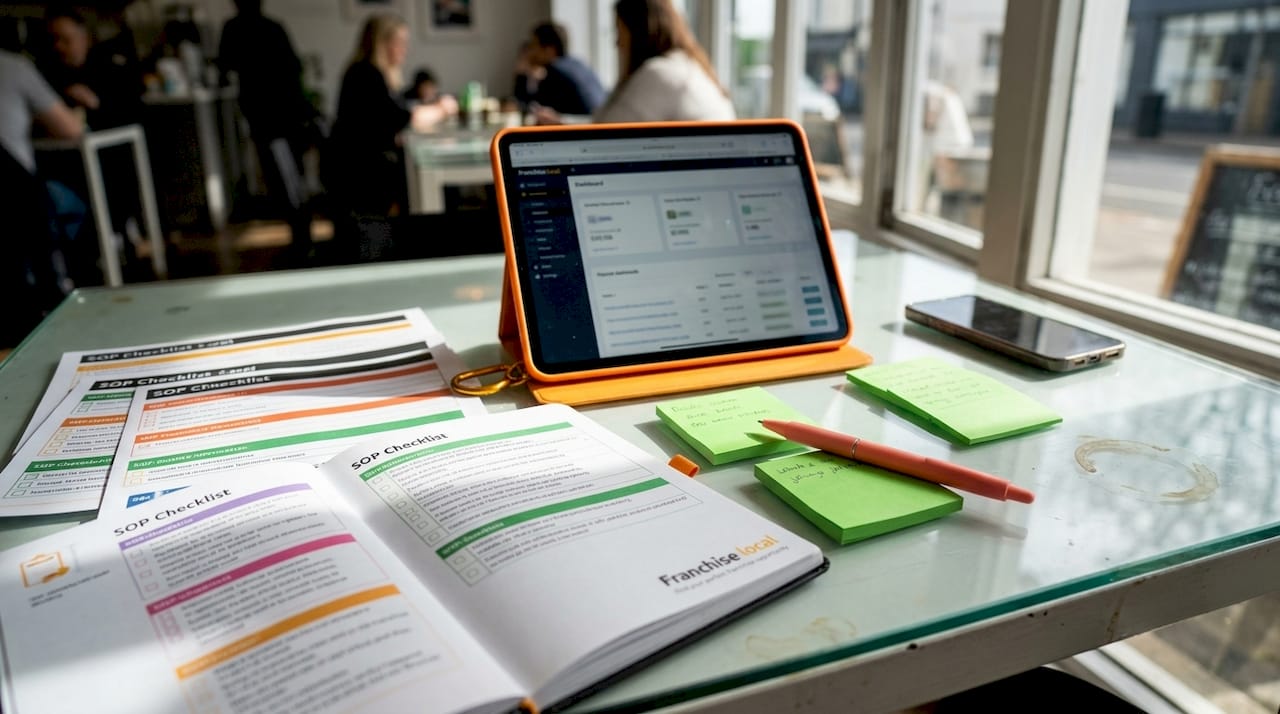 Key franchise operations processes: the owner's guide Overhead view of colorful SOP checklists and digital dashboards