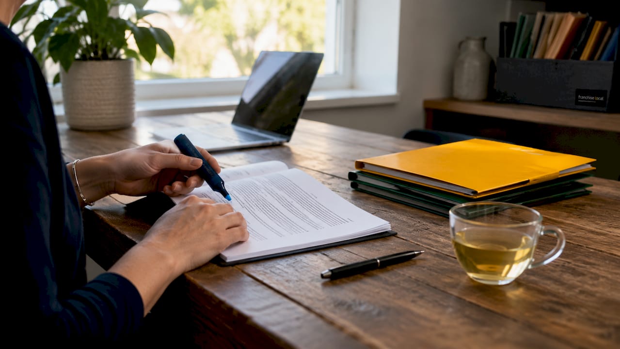 Legal documents for buying a franchise: 2026 guide Over-shoulder close-up of hands highlighting franchise agreement