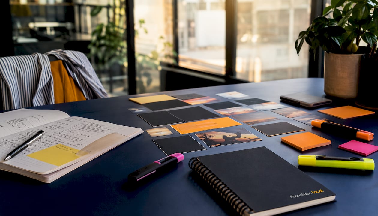 Overhead view of colourful brand guideline materials on desk