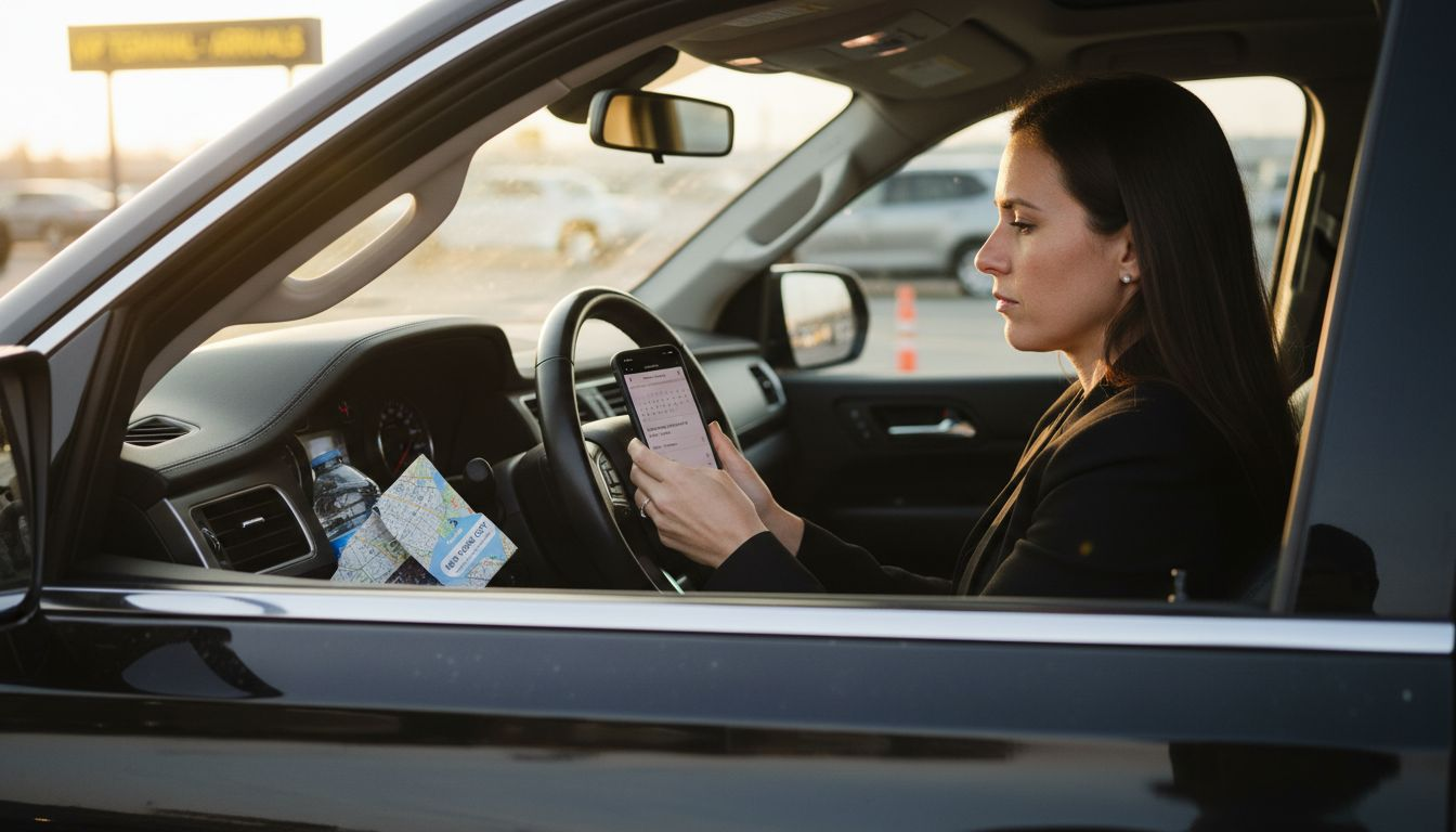 Chauffeur checks booking details in luxury SUV