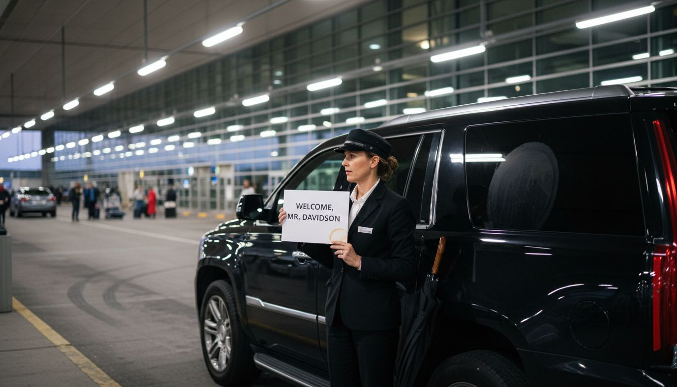 Chauffeur waits with welcome sign at airport