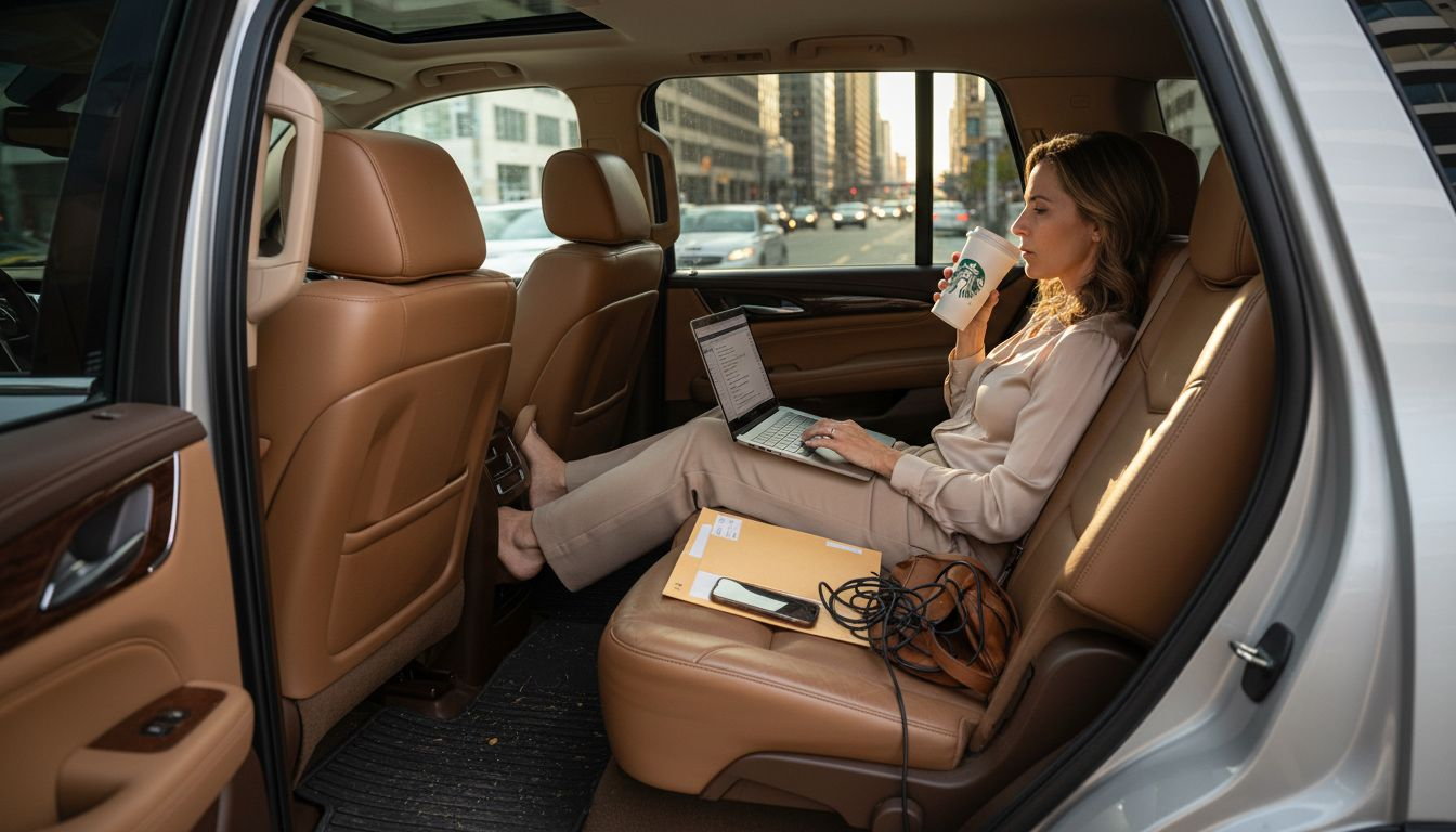 Executive using laptop in luxury car interior