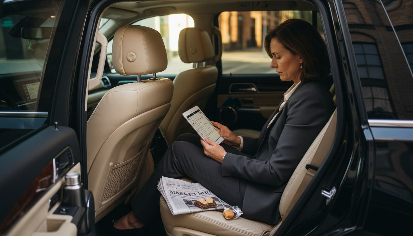 Executive working in chauffeur-driven SUV