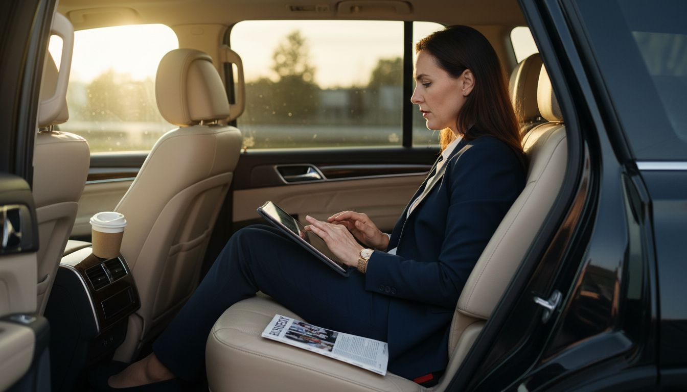 Executive working in luxury SUV interior