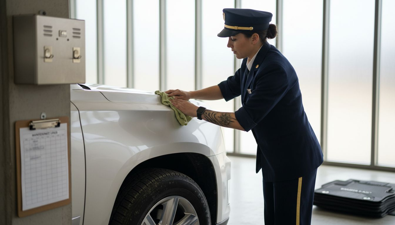 Chauffeur preps Escalade in private garage