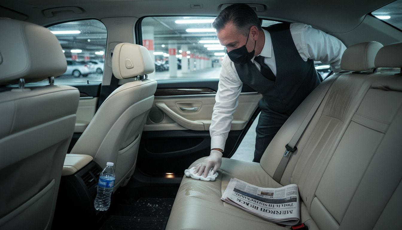 Chauffeur sanitizing inside executive car interior