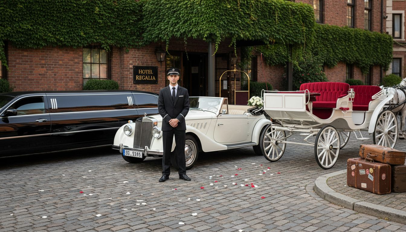 Chauffeur with luxury wedding vehicle lineup