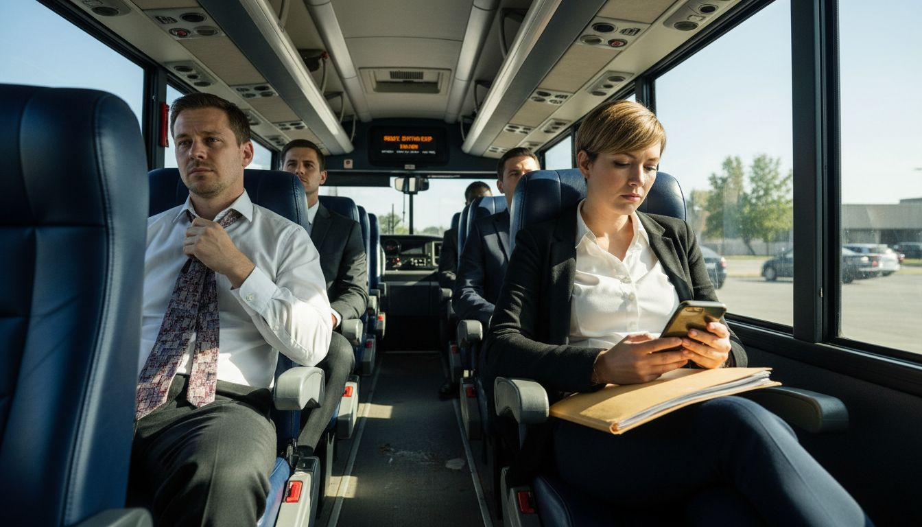 Employees seated inside corporate shuttle bus