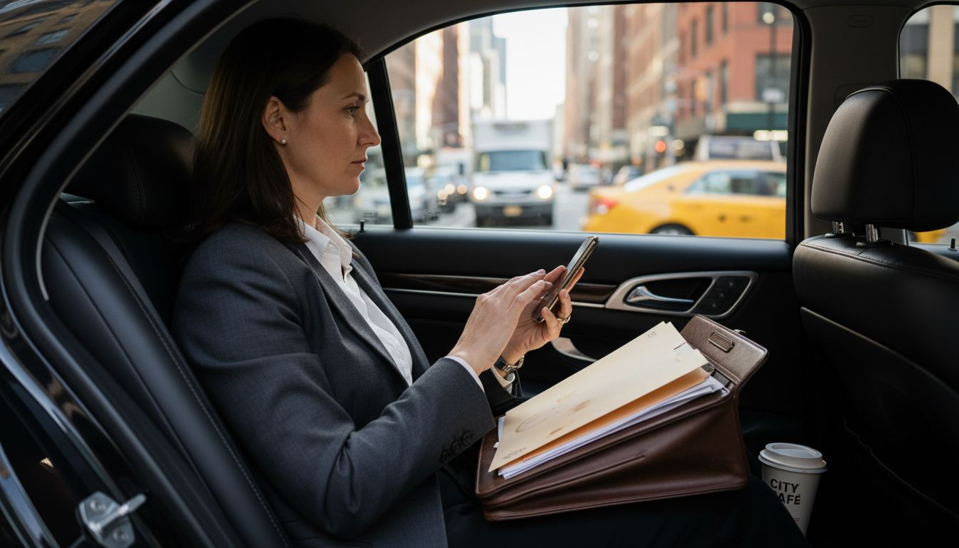 Business traveler works in chauffeur-driven car