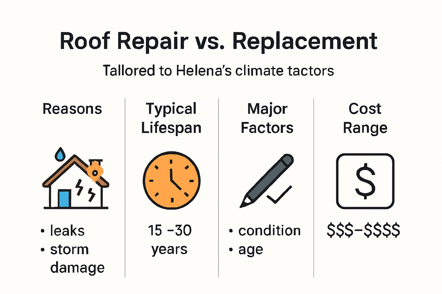 photo chart of a roof replacement vs roof repair factors, lifespan, costs