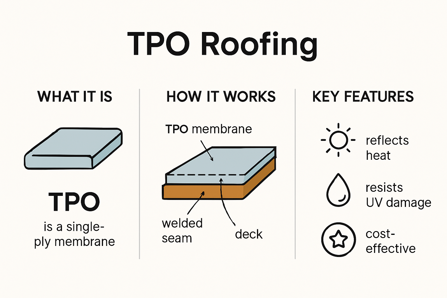 a chart showing what TPO Roofing is and how it works as well as the key features of TPO
