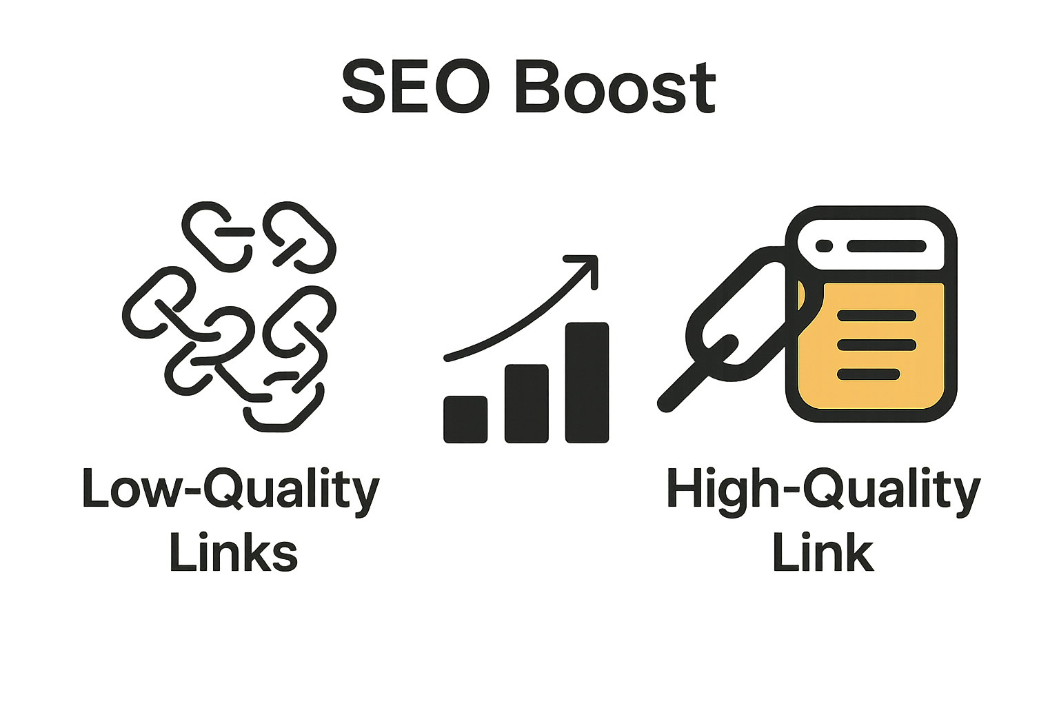 Infographic comparing a single high-quality link versus many low-quality links for SEO value