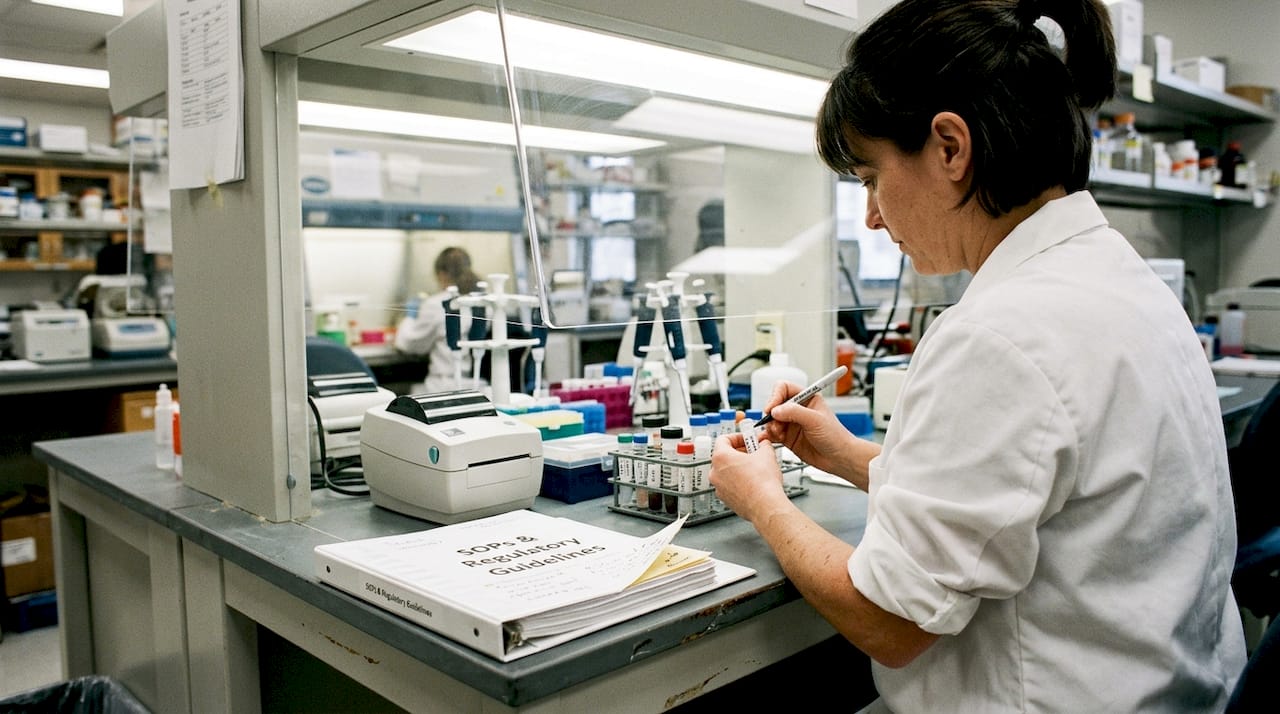 Lab technician labeling cytotoxicity test samples