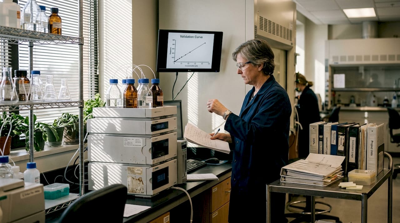 Technician reviewing HPLC method validation