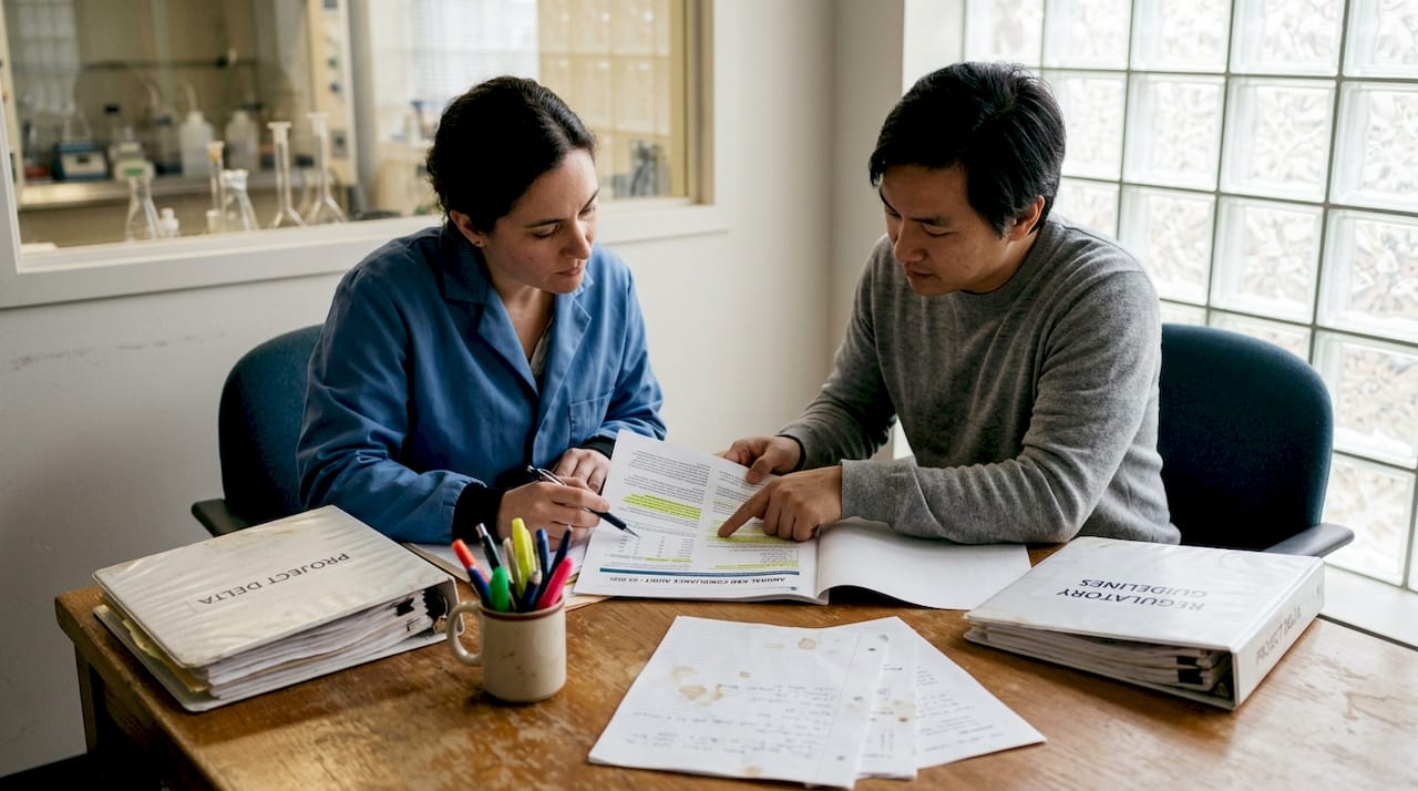 Scientists reviewing compliance report in office