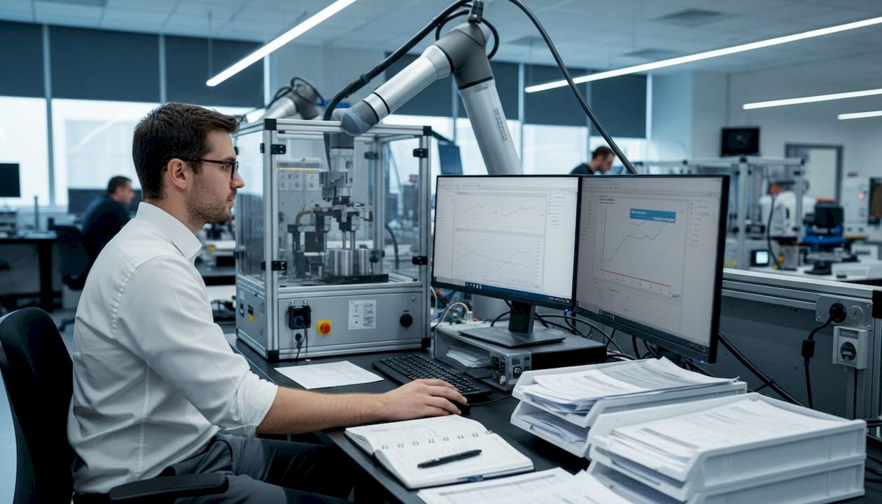 Engineer at desk monitors automated test equipment